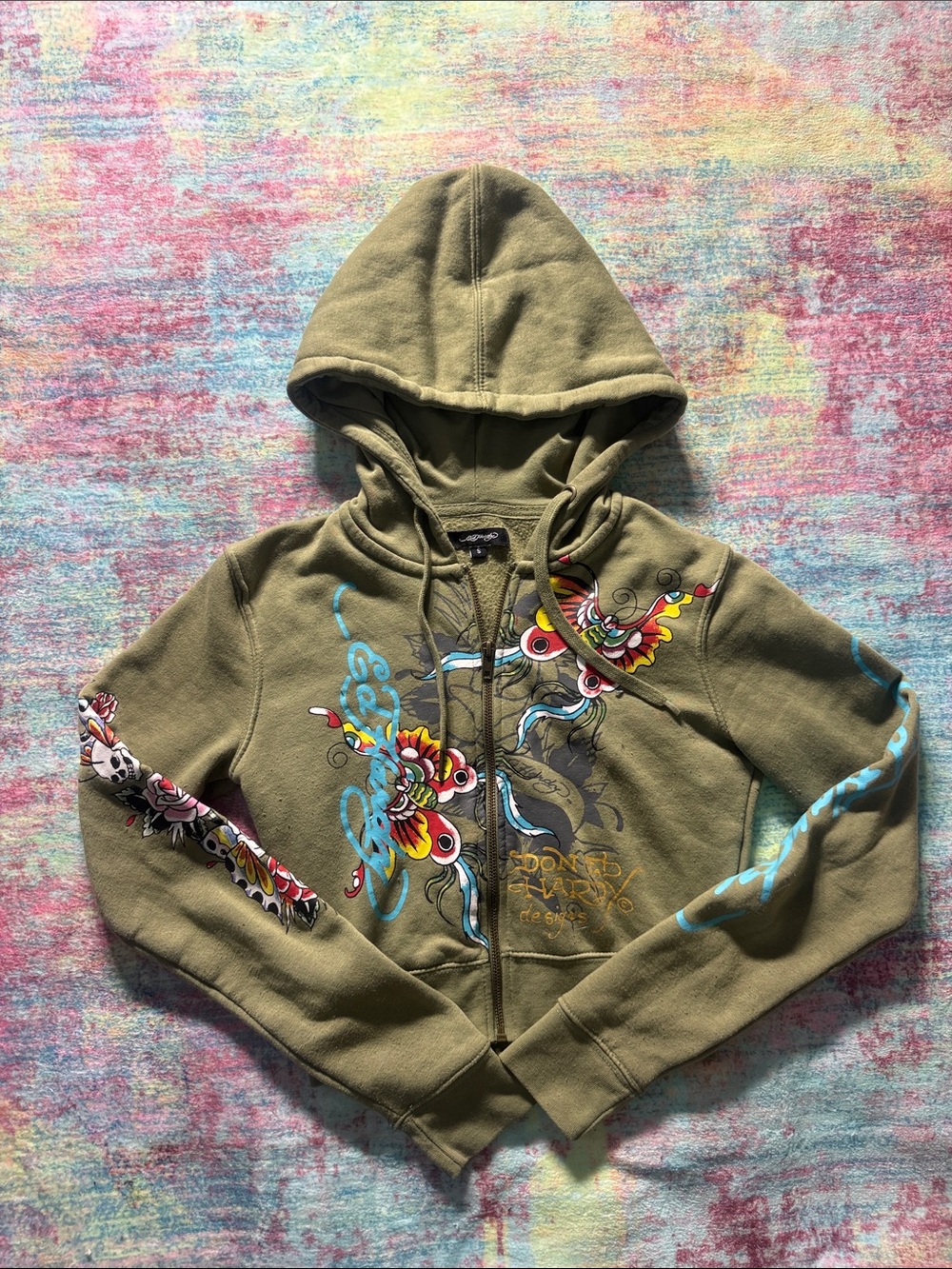 Ed Hardy Olive Green Hooded Zip Jacket with Multicolor Floral Graphics